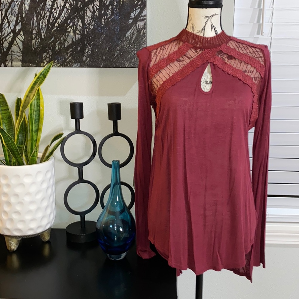 FREE PEOPLE Red Rouge Lace Long Sleeve Blouse SMALL